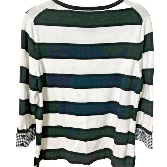 Talbots Women's Pullover Sweater Size Large Striped 3/4 Sleeves Gingham Cuffs - Picture 2 of 8